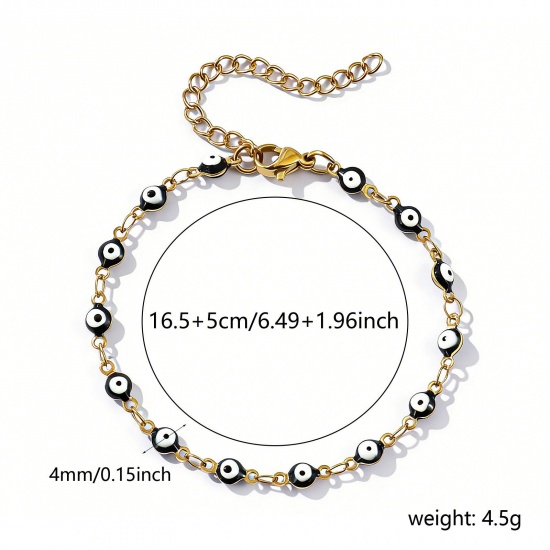 Imagen de Mal de ojo Negro Esmalte de Doble Cara 304 Acero Inoxidable Cadena de Eslabones Hechos a Mano Pulseras Al Por Mayor, 18K Oro Real Chapado Recubrimiento al Vacío PVD Ecológico Impermeable Antioxidante Hipoalergénico, Mujeres Religión Retro Regalo Suministro de Joyería, 16.5cm longitud, Tamaño de la C