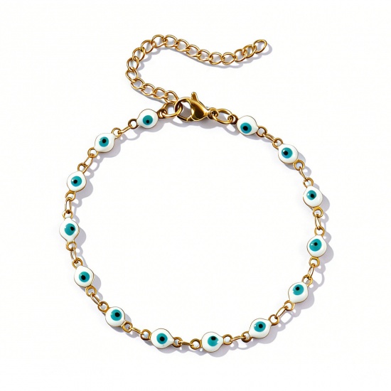 Imagen de Mal de ojo Blanco Esmalte de Doble Cara 304 Acero Inoxidable Cadena de Eslabones Hechos a Mano Pulseras Al Por Mayor, 18K Oro Real Chapado Recubrimiento al Vacío PVD Ecológico Impermeable Antioxidante Hipoalergénico, Mujeres Religión Retro Regalo Suministro de Joyería, 16.5cm longitud, Tamaño de la 