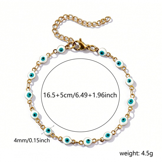 Imagen de Mal de ojo Blanco Esmalte de Doble Cara 304 Acero Inoxidable Cadena de Eslabones Hechos a Mano Pulseras Al Por Mayor, 18K Oro Real Chapado Recubrimiento al Vacío PVD Ecológico Impermeable Antioxidante Hipoalergénico, Mujeres Religión Retro Regalo Suministro de Joyería, 16.5cm longitud, Tamaño de la 