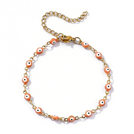 Imagen de Mal de ojo Naranja Rosa Esmalte de Doble Cara 304 Acero Inoxidable Cadena de Eslabones Hechos a Mano Pulseras Al Por Mayor, 18K Oro Real Chapado Recubrimiento al Vacío PVD Ecológico Impermeable Antioxidante Hipoalergénico, Mujeres Religión Retro Regalo Suministro de Joyería, 16.5cm longitud, Tamaño 