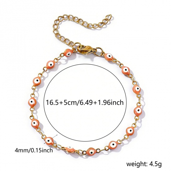 Imagen de Mal de ojo Naranja Rosa Esmalte de Doble Cara 304 Acero Inoxidable Cadena de Eslabones Hechos a Mano Pulseras Al Por Mayor, 18K Oro Real Chapado Recubrimiento al Vacío PVD Ecológico Impermeable Antioxidante Hipoalergénico, Mujeres Religión Retro Regalo Suministro de Joyería, 16.5cm longitud, Tamaño 