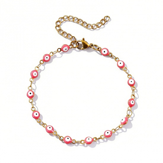 Imagen de Mal de ojo Rosado Esmalte de Doble Cara 304 Acero Inoxidable Cadena de Eslabones Hechos a Mano Pulseras Al Por Mayor, 18K Oro Real Chapado Recubrimiento al Vacío PVD Ecológico Impermeable Antioxidante Hipoalergénico, Mujeres Religión Retro Regalo Suministro de Joyería, 16.5cm longitud, Tamaño de la 
