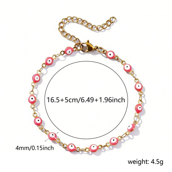 Imagen de Mal de ojo Rosado Esmalte de Doble Cara 304 Acero Inoxidable Cadena de Eslabones Hechos a Mano Pulseras Al Por Mayor, 18K Oro Real Chapado Recubrimiento al Vacío PVD Ecológico Impermeable Antioxidante Hipoalergénico, Mujeres Religión Retro Regalo Suministro de Joyería, 16.5cm longitud, Tamaño de la 
