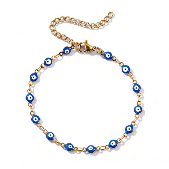Imagen de Mal de ojo Azul Oscuro Esmalte de Doble Cara 304 Acero Inoxidable Cadena de Eslabones Hechos a Mano Pulseras Al Por Mayor, 18K Oro Real Chapado Recubrimiento al Vacío PVD Ecológico Impermeable Antioxidante Hipoalergénico, Mujeres Religión Retro Regalo Suministro de Joyería, 16.5cm longitud, Tamaño d
