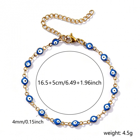 Imagen de Mal de ojo Azul Oscuro Esmalte de Doble Cara 304 Acero Inoxidable Cadena de Eslabones Hechos a Mano Pulseras Al Por Mayor, 18K Oro Real Chapado Recubrimiento al Vacío PVD Ecológico Impermeable Antioxidante Hipoalergénico, Mujeres Religión Retro Regalo Suministro de Joyería, 16.5cm longitud, Tamaño d