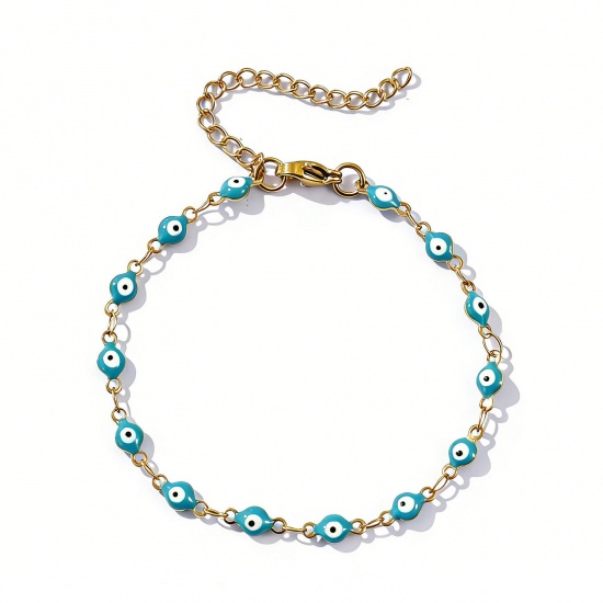 Imagen de Mal de ojo Verde Azul Esmalte de Doble Cara 304 Acero Inoxidable Cadena de Eslabones Hechos a Mano Pulseras Al Por Mayor, 18K Oro Real Chapado Recubrimiento al Vacío PVD Ecológico Impermeable Antioxidante Hipoalergénico, Mujeres Religión Retro Regalo Suministro de Joyería, 16.5cm longitud, Tamaño de