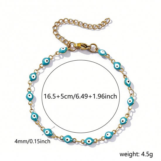 Imagen de Mal de ojo Verde Azul Esmalte de Doble Cara 304 Acero Inoxidable Cadena de Eslabones Hechos a Mano Pulseras Al Por Mayor, 18K Oro Real Chapado Recubrimiento al Vacío PVD Ecológico Impermeable Antioxidante Hipoalergénico, Mujeres Religión Retro Regalo Suministro de Joyería, 16.5cm longitud, Tamaño de