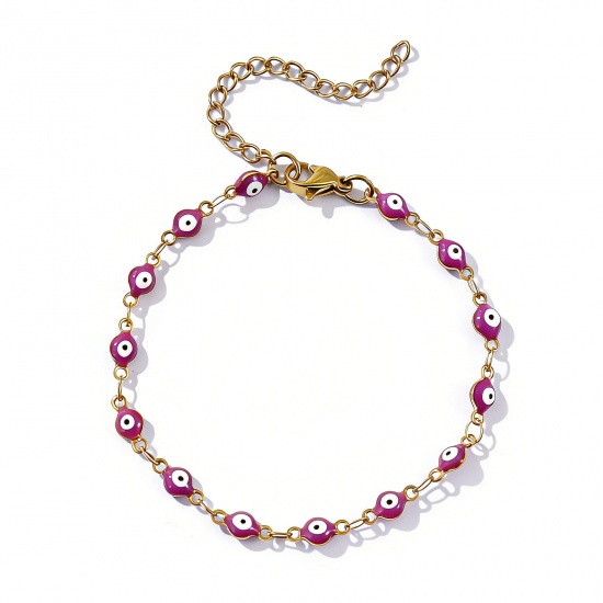 Imagen de Mal de ojo Púrpura Esmalte de Doble Cara 304 Acero Inoxidable Cadena de Eslabones Hechos a Mano Pulseras Al Por Mayor, 18K Oro Real Chapado Recubrimiento al Vacío PVD Ecológico Impermeable Antioxidante Hipoalergénico, Mujeres Religión Retro Regalo Suministro de Joyería, 16.5cm longitud, Tamaño de la