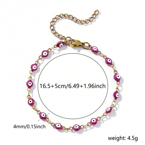 Imagen de Mal de ojo Púrpura Esmalte de Doble Cara 304 Acero Inoxidable Cadena de Eslabones Hechos a Mano Pulseras Al Por Mayor, 18K Oro Real Chapado Recubrimiento al Vacío PVD Ecológico Impermeable Antioxidante Hipoalergénico, Mujeres Religión Retro Regalo Suministro de Joyería, 16.5cm longitud, Tamaño de la