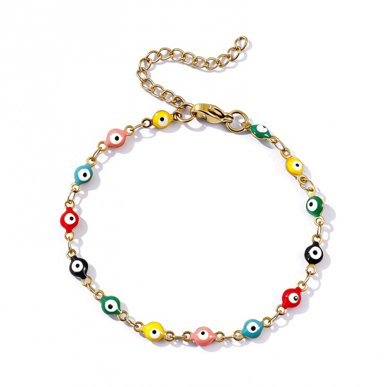 Imagen de Mal de ojo Multicolor Esmalte de Doble Cara 304 Acero Inoxidable Cadena de Eslabones Hechos a Mano Pulseras Al Por Mayor, 18K Oro Real Chapado Recubrimiento al Vacío PVD Ecológico Impermeable Antioxidante Hipoalergénico, Mujeres Religión Retro Regalo Suministro de Joyería, 16.5cm longitud, Tamaño de