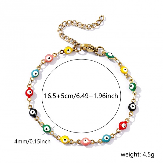 Imagen de Mal de ojo Multicolor Esmalte de Doble Cara 304 Acero Inoxidable Cadena de Eslabones Hechos a Mano Pulseras Al Por Mayor, 18K Oro Real Chapado Recubrimiento al Vacío PVD Ecológico Impermeable Antioxidante Hipoalergénico, Mujeres Religión Retro Regalo Suministro de Joyería, 16.5cm longitud, Tamaño de