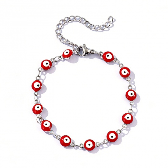 Immagine di Malocchio Rosso Smalto a Doppia Faccia 304 Acciaio Inossidabile Catena a Maglia Fatta a Mano Braccialetti All'Ingrosso, Tono Argento Ecologico, Donne Religione Retrò Regalo Fornitura di Gioielli, 16.5cm Lunghezza, Dimensione della Catena: 6mm, 1 Pz