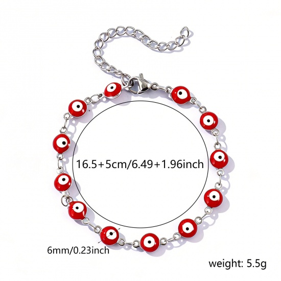 Immagine di Malocchio Rosso Smalto a Doppia Faccia 304 Acciaio Inossidabile Catena a Maglia Fatta a Mano Braccialetti All'Ingrosso, Tono Argento Ecologico, Donne Religione Retrò Regalo Fornitura di Gioielli, 16.5cm Lunghezza, Dimensione della Catena: 6mm, 1 Pz