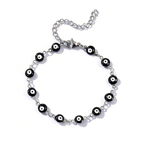 Immagine di Malocchio Nero Smalto a Doppia Faccia 304 Acciaio Inossidabile Catena a Maglia Fatta a Mano Braccialetti All'Ingrosso, Tono Argento Ecologico, Donne Religione Retrò Regalo Fornitura di Gioielli, 16.5cm Lunghezza, Dimensione della Catena: 6mm, 1 Pz