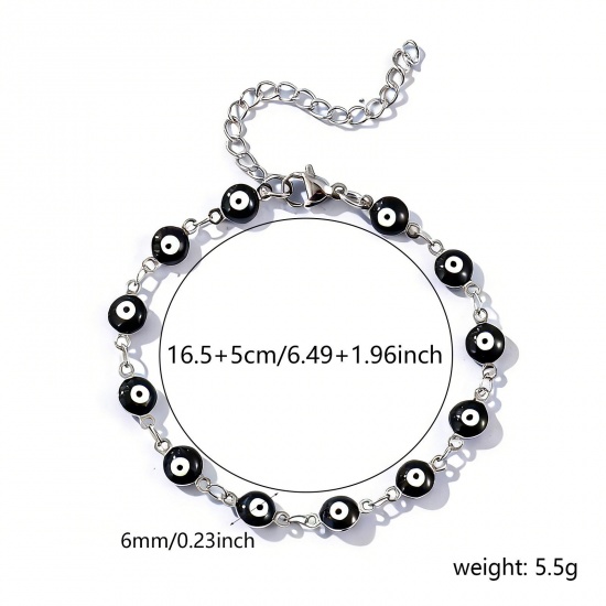 Immagine di Malocchio Nero Smalto a Doppia Faccia 304 Acciaio Inossidabile Catena a Maglia Fatta a Mano Braccialetti All'Ingrosso, Tono Argento Ecologico, Donne Religione Retrò Regalo Fornitura di Gioielli, 16.5cm Lunghezza, Dimensione della Catena: 6mm, 1 Pz