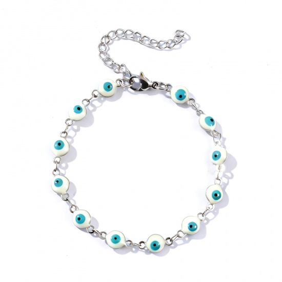 Immagine di Malocchio Bianco Smalto a Doppia Faccia 304 Acciaio Inossidabile Catena a Maglia Fatta a Mano Braccialetti All'Ingrosso, Tono Argento Ecologico, Donne Religione Retrò Regalo Fornitura di Gioielli, 16.5cm Lunghezza, Dimensione della Catena: 6mm, 1 Pz