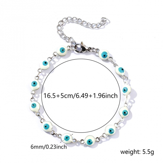 Immagine di Malocchio Bianco Smalto a Doppia Faccia 304 Acciaio Inossidabile Catena a Maglia Fatta a Mano Braccialetti All'Ingrosso, Tono Argento Ecologico, Donne Religione Retrò Regalo Fornitura di Gioielli, 16.5cm Lunghezza, Dimensione della Catena: 6mm, 1 Pz
