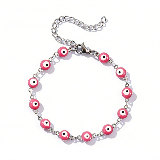 Immagine di Malocchio Rosa Smalto a Doppia Faccia 304 Acciaio Inossidabile Catena a Maglia Fatta a Mano Braccialetti All'Ingrosso, Tono Argento Ecologico, Donne Religione Retrò Regalo Fornitura di Gioielli, 16.5cm Lunghezza, Dimensione della Catena: 6mm, 1 Pz