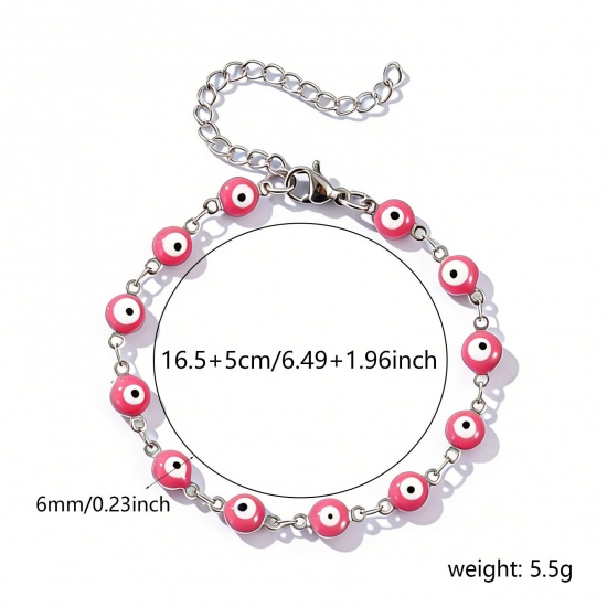 Immagine di Malocchio Rosa Smalto a Doppia Faccia 304 Acciaio Inossidabile Catena a Maglia Fatta a Mano Braccialetti All'Ingrosso, Tono Argento Ecologico, Donne Religione Retrò Regalo Fornitura di Gioielli, 16.5cm Lunghezza, Dimensione della Catena: 6mm, 1 Pz