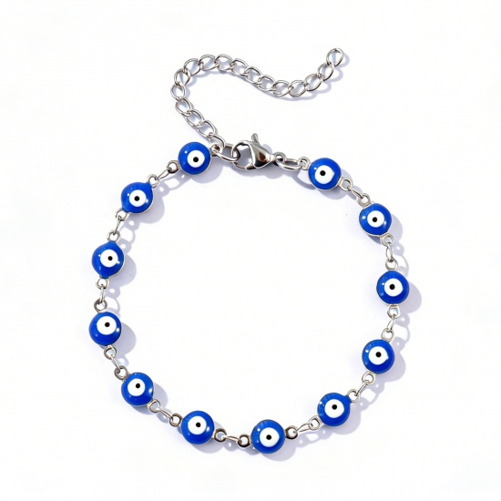 Immagine di Malocchio Blu Scuro Smalto a Doppia Faccia 304 Acciaio Inossidabile Catena a Maglia Fatta a Mano Braccialetti All'Ingrosso, Tono Argento Ecologico, Donne Religione Retrò Regalo Fornitura di Gioielli, 16.5cm Lunghezza, Dimensione della Catena: 6mm, 1 Pz