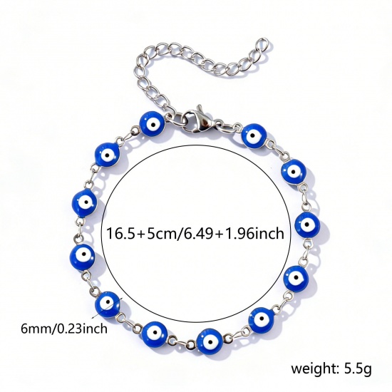 Immagine di Malocchio Blu Scuro Smalto a Doppia Faccia 304 Acciaio Inossidabile Catena a Maglia Fatta a Mano Braccialetti All'Ingrosso, Tono Argento Ecologico, Donne Religione Retrò Regalo Fornitura di Gioielli, 16.5cm Lunghezza, Dimensione della Catena: 6mm, 1 Pz