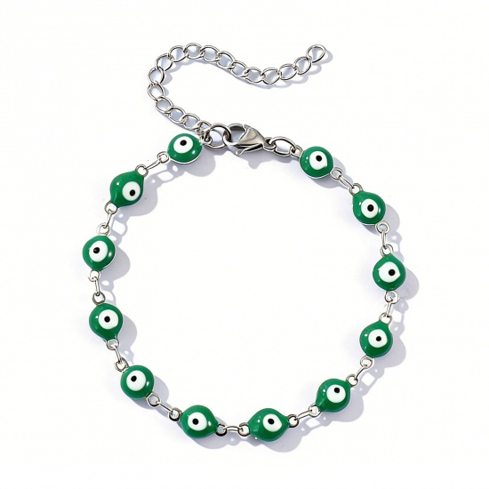 Immagine di Malocchio Verde Smalto a Doppia Faccia 304 Acciaio Inossidabile Catena a Maglia Fatta a Mano Braccialetti All'Ingrosso, Tono Argento Ecologico, Donne Religione Retrò Regalo Fornitura di Gioielli, 16.5cm Lunghezza, Dimensione della Catena: 6mm, 1 Pz