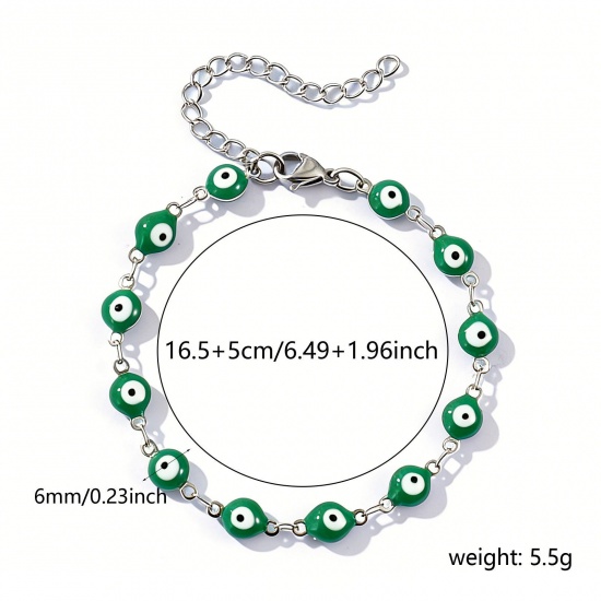 Immagine di Malocchio Verde Smalto a Doppia Faccia 304 Acciaio Inossidabile Catena a Maglia Fatta a Mano Braccialetti All'Ingrosso, Tono Argento Ecologico, Donne Religione Retrò Regalo Fornitura di Gioielli, 16.5cm Lunghezza, Dimensione della Catena: 6mm, 1 Pz