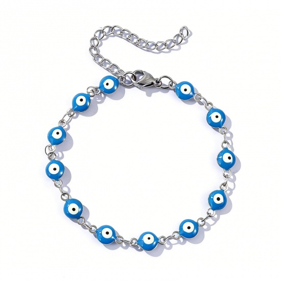 Immagine di Malocchio Blu Smalto a Doppia Faccia 304 Acciaio Inossidabile Catena a Maglia Fatta a Mano Braccialetti All'Ingrosso, Tono Argento Ecologico, Donne Religione Retrò Regalo Fornitura di Gioielli, 16.5cm Lunghezza, Dimensione della Catena: 6mm, 1 Pz
