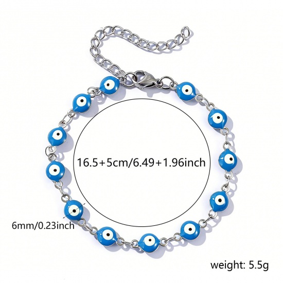 Immagine di Malocchio Blu Smalto a Doppia Faccia 304 Acciaio Inossidabile Catena a Maglia Fatta a Mano Braccialetti All'Ingrosso, Tono Argento Ecologico, Donne Religione Retrò Regalo Fornitura di Gioielli, 16.5cm Lunghezza, Dimensione della Catena: 6mm, 1 Pz