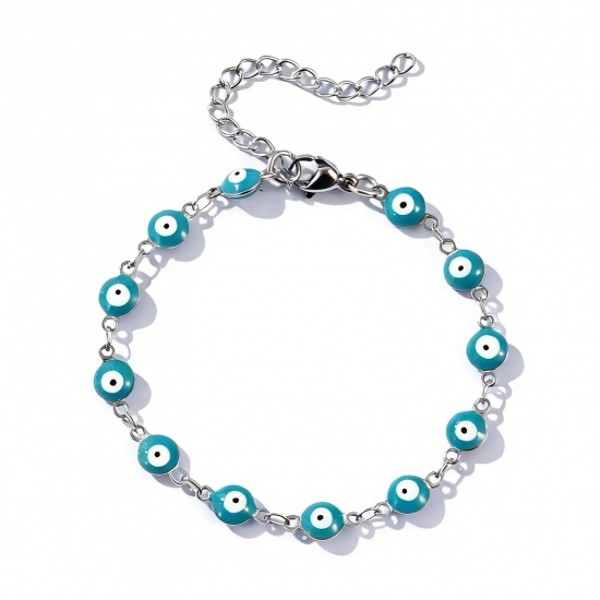 Immagine di Malocchio Verde Blu Smalto a Doppia Faccia 304 Acciaio Inossidabile Catena a Maglia Fatta a Mano Braccialetti All'Ingrosso, Tono Argento Ecologico, Donne Religione Retrò Regalo Fornitura di Gioielli, 16.5cm Lunghezza, Dimensione della Catena: 6mm, 1 Pz