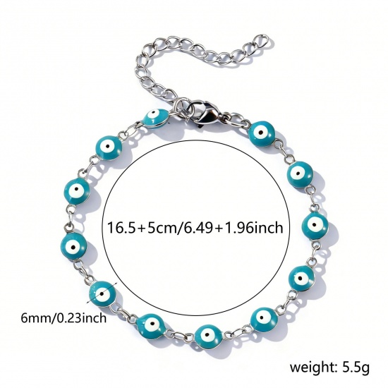 Immagine di Malocchio Verde Blu Smalto a Doppia Faccia 304 Acciaio Inossidabile Catena a Maglia Fatta a Mano Braccialetti All'Ingrosso, Tono Argento Ecologico, Donne Religione Retrò Regalo Fornitura di Gioielli, 16.5cm Lunghezza, Dimensione della Catena: 6mm, 1 Pz