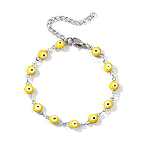 Immagine di Malocchio Giallo Smalto a Doppia Faccia 304 Acciaio Inossidabile Catena a Maglia Fatta a Mano Braccialetti All'Ingrosso, Tono Argento Ecologico, Donne Religione Retrò Regalo Fornitura di Gioielli, 16.5cm Lunghezza, Dimensione della Catena: 6mm, 1 Pz