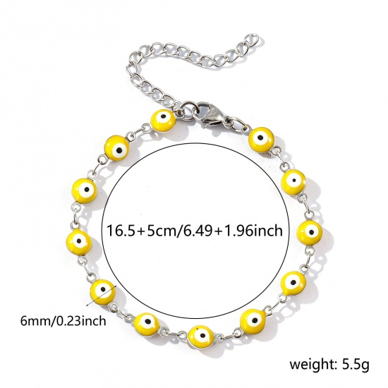 Immagine di Malocchio Giallo Smalto a Doppia Faccia 304 Acciaio Inossidabile Catena a Maglia Fatta a Mano Braccialetti All'Ingrosso, Tono Argento Ecologico, Donne Religione Retrò Regalo Fornitura di Gioielli, 16.5cm Lunghezza, Dimensione della Catena: 6mm, 1 Pz