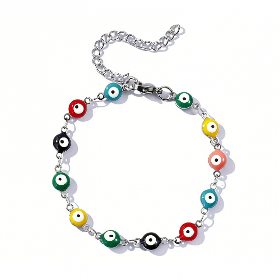 Immagine di Malocchio Multicolore Smalto a Doppia Faccia 304 Acciaio Inossidabile Catena a Maglia Fatta a Mano Braccialetti All'Ingrosso, Tono Argento Ecologico, Donne Religione Retrò Regalo Fornitura di Gioielli, 16.5cm Lunghezza, Dimensione della Catena: 6mm, 1 Pz