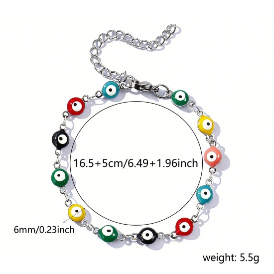 Immagine di Malocchio Multicolore Smalto a Doppia Faccia 304 Acciaio Inossidabile Catena a Maglia Fatta a Mano Braccialetti All'Ingrosso, Tono Argento Ecologico, Donne Religione Retrò Regalo Fornitura di Gioielli, 16.5cm Lunghezza, Dimensione della Catena: 6mm, 1 Pz