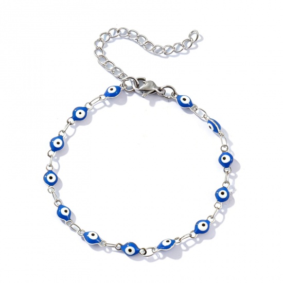 Picture of Wholesale Evil Eye Dark Blue Double-sided Enamel 304 Stainless Steel Handmade Link Chain Bracelets, Silver Tone Eco-friendly, Women's Religious Retro Gift Jewelry Supply, 16.5cm(6 4/8") long, Chain Size: 4mm, 1 Piece