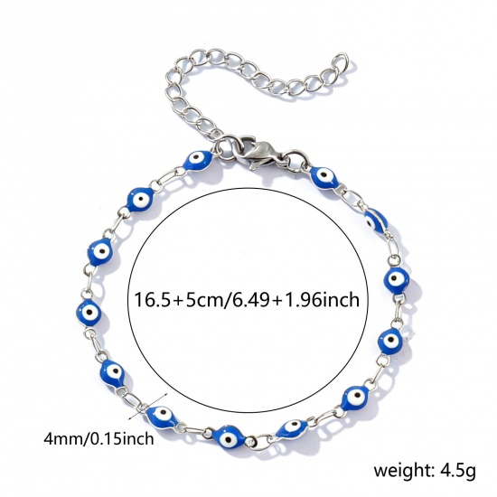 Picture of Wholesale Evil Eye Dark Blue Double-sided Enamel 304 Stainless Steel Handmade Link Chain Bracelets, Silver Tone Eco-friendly, Women's Religious Retro Gift Jewelry Supply, 16.5cm(6 4/8") long, Chain Size: 4mm, 1 Piece