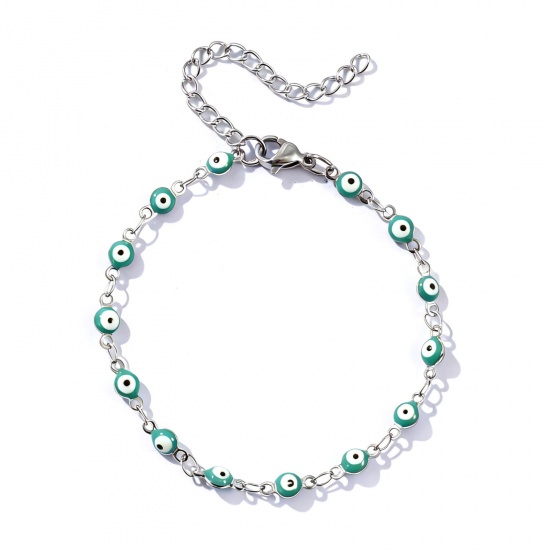 Picture of Wholesale Evil Eye Green Blue Double-sided Enamel 304 Stainless Steel Handmade Link Chain Bracelets, Silver Tone Eco-friendly, Women's Religious Retro Gift Jewelry Supply, 16.5cm(6 4/8") long, Chain Size: 4mm, 1 Piece