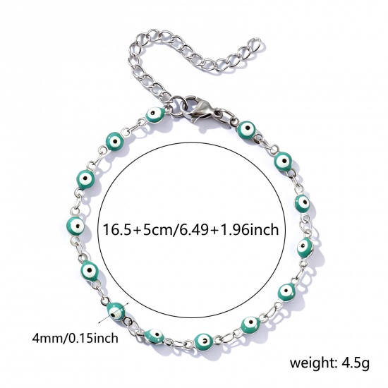 Picture of Wholesale Evil Eye Green Blue Double-sided Enamel 304 Stainless Steel Handmade Link Chain Bracelets, Silver Tone Eco-friendly, Women's Religious Retro Gift Jewelry Supply, 16.5cm(6 4/8") long, Chain Size: 4mm, 1 Piece