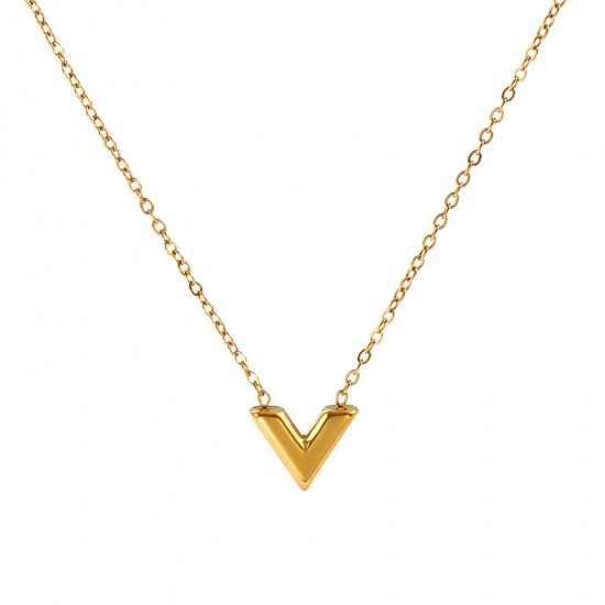 Picture of Wholesale V Shaped Pendant Charm Necklace, 18K Real Gold Plated 304 Stainless Steel Link Cable Chain, Women's Eco-friendly PVD Vacuum Plating Waterproof Anti-Tarnish Hypoallergenic Stylish Dainty Gift Jewelry For Retailer, 42cm(16.5") + 6cm(2.4") long, 1 Piece