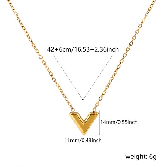 Picture of Wholesale V Shaped Pendant Charm Necklace, 18K Real Gold Plated 304 Stainless Steel Link Cable Chain, Women's Eco-friendly PVD Vacuum Plating Waterproof Anti-Tarnish Hypoallergenic Stylish Dainty Gift Jewelry For Retailer, 42cm(16.5") + 6cm(2.4") long, 1 Piece