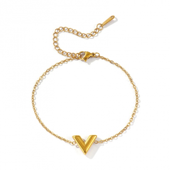 Picture of Wholesale V Shaped Charm Bracelets, 18K Real Gold Plated 304 Stainless Steel Link Cable Chain, Women's Eco-friendly PVD Vacuum Plating Waterproof Anti-Tarnish Hypoallergenic Stylish Dainty Gift Jewelry For Retailer, 17.5cm(6 7/8") long, 1 Piece