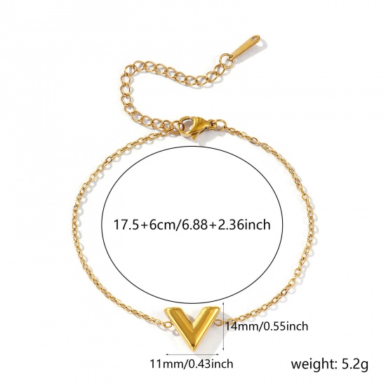 Picture of Wholesale V Shaped Charm Bracelets, 18K Real Gold Plated 304 Stainless Steel Link Cable Chain, Women's Eco-friendly PVD Vacuum Plating Waterproof Anti-Tarnish Hypoallergenic Stylish Dainty Gift Jewelry For Retailer, 17.5cm(6 7/8") long, 1 Piece