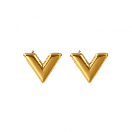 Picture of Wholesale V Shaped Ear Post Stud Earrings, 18K Real Gold Plated 304 Stainless Steel Women's Eco-friendly PVD Vacuum Plating Waterproof Anti-Tarnish Hypoallergenic Stylish Dainty Gift Jewelry For Retailer, 14mm x 11mm, 1 Pair
