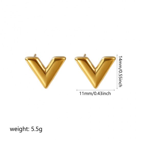 Picture of Wholesale V Shaped Ear Post Stud Earrings, 18K Real Gold Plated 304 Stainless Steel Women's Eco-friendly PVD Vacuum Plating Waterproof Anti-Tarnish Hypoallergenic Stylish Dainty Gift Jewelry For Retailer, 14mm x 11mm, 1 Pair