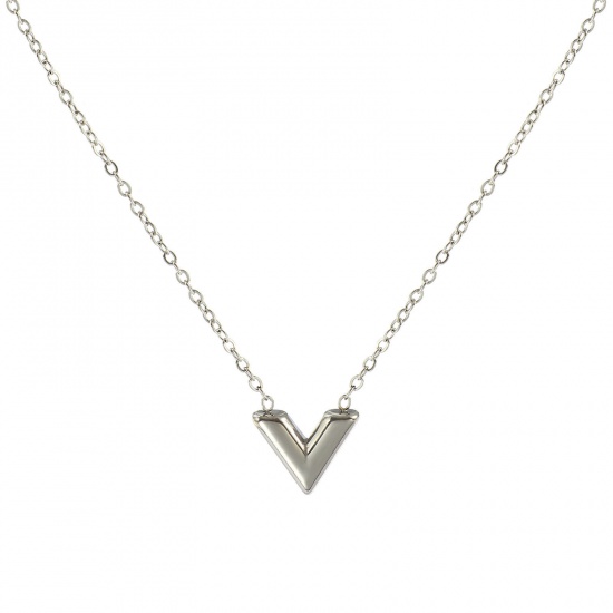 Picture of Wholesale V Shaped Pendant Charm Necklace, Silver Tone 304 Stainless Steel Link Cable Chain, Women's Eco-friendly Stylish Dainty Gift Jewelry For Retailer, 42cm(16.5") + 6cm(2.4") long, 1 Piece