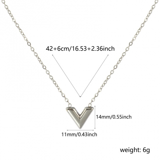 Picture of Wholesale V Shaped Pendant Charm Necklace, Silver Tone 304 Stainless Steel Link Cable Chain, Women's Eco-friendly Stylish Dainty Gift Jewelry For Retailer, 42cm(16.5") + 6cm(2.4") long, 1 Piece