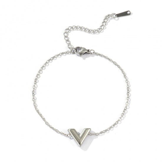 Picture of Wholesale V Shaped Charm Bracelets, Silver Tone 304 Stainless Steel Link Cable Chain, Women's Eco-friendly Stylish Dainty Gift Jewelry For Retailer, 17.5cm(6 7/8") long, 1 Piece