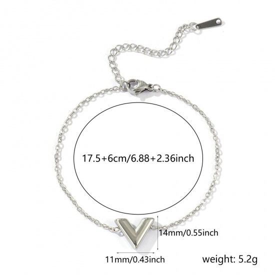 Picture of Wholesale V Shaped Charm Bracelets, Silver Tone 304 Stainless Steel Link Cable Chain, Women's Eco-friendly Stylish Dainty Gift Jewelry For Retailer, 17.5cm(6 7/8") long, 1 Piece