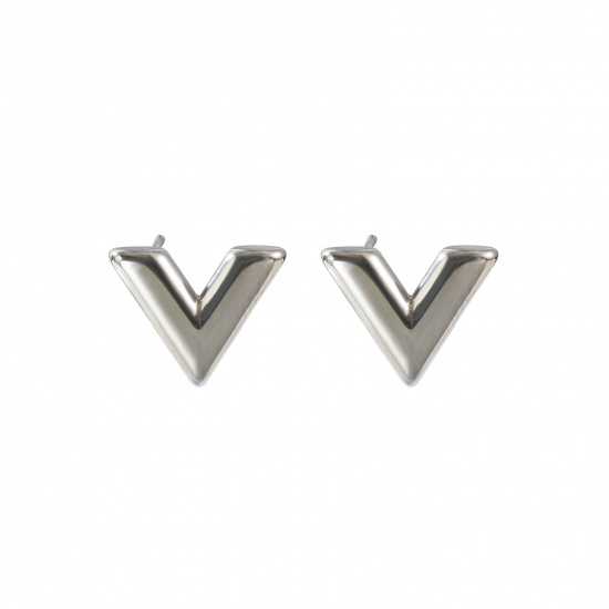 Picture of Wholesale V Shaped Ear Post Stud Earrings, Silver Tone 304 Stainless Steel Women's Eco-friendly Stylish Dainty Gift Jewelry For Retailer, 14mm x 11mm, 1 Pair